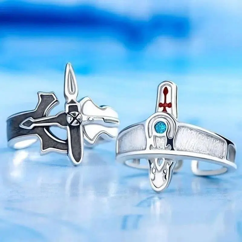 Retro Kirito Motif Cross Ring, Fantasy-Themed Metal Plated Alloy Jewelry for Couples, Adjustable Open Band for Men & Women, Cross Rings, Engagement Rings, Black Cross Detail Rings