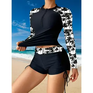 2026 New Women's Black & White Palm Tree Print Long Sleeve Rash Guard, Half Zip Color Block Top with Side Drawstring Boyshort Two Piece Swimsuit, UPF50+ Sun Protection Tummy Control Bathing Suit for Surfing Beach Pool Vacation