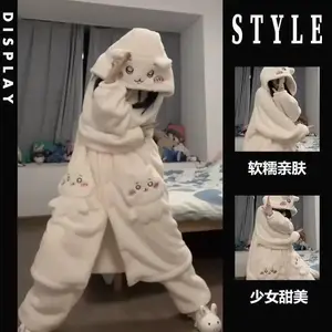 Anime chiikawa Winter New Thick Velvet Robe Cartoon Cute Hoodie Long Style Kawaii Coral Velvet Soft Pajama Women's Home Clothes