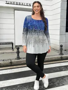 Women's Plus Size Blue Fashion Printed Set, Top and Pants Two-Piece, Slim-Fitting, Spring & Fall, New 2026 Collection