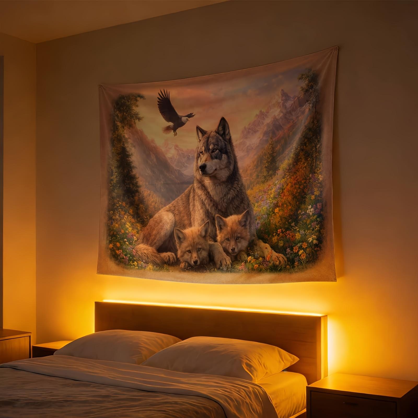 An Elegant Wall Hanging, Wolf with Cubs, Scenic Background, Ideal for Enhancing The Decor of Homes, Dormitories, And Bedrooms