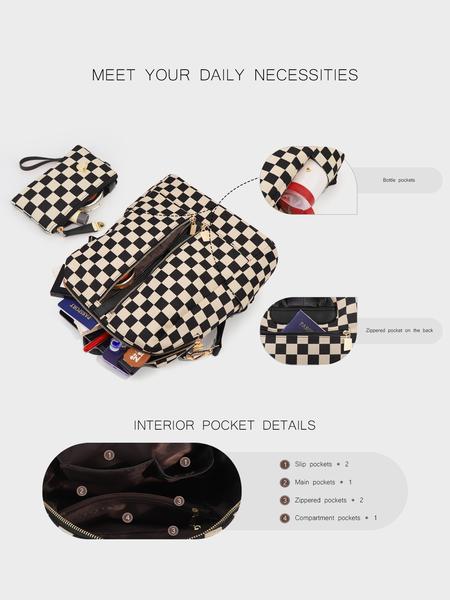 Checkerboard Pattern Backpack Set, Women'S Fashionable Vintage Trendy Casual Large Capacity Zipper Travel Backpack & Wristlet, Multifunctional Bag Set For Daily Use