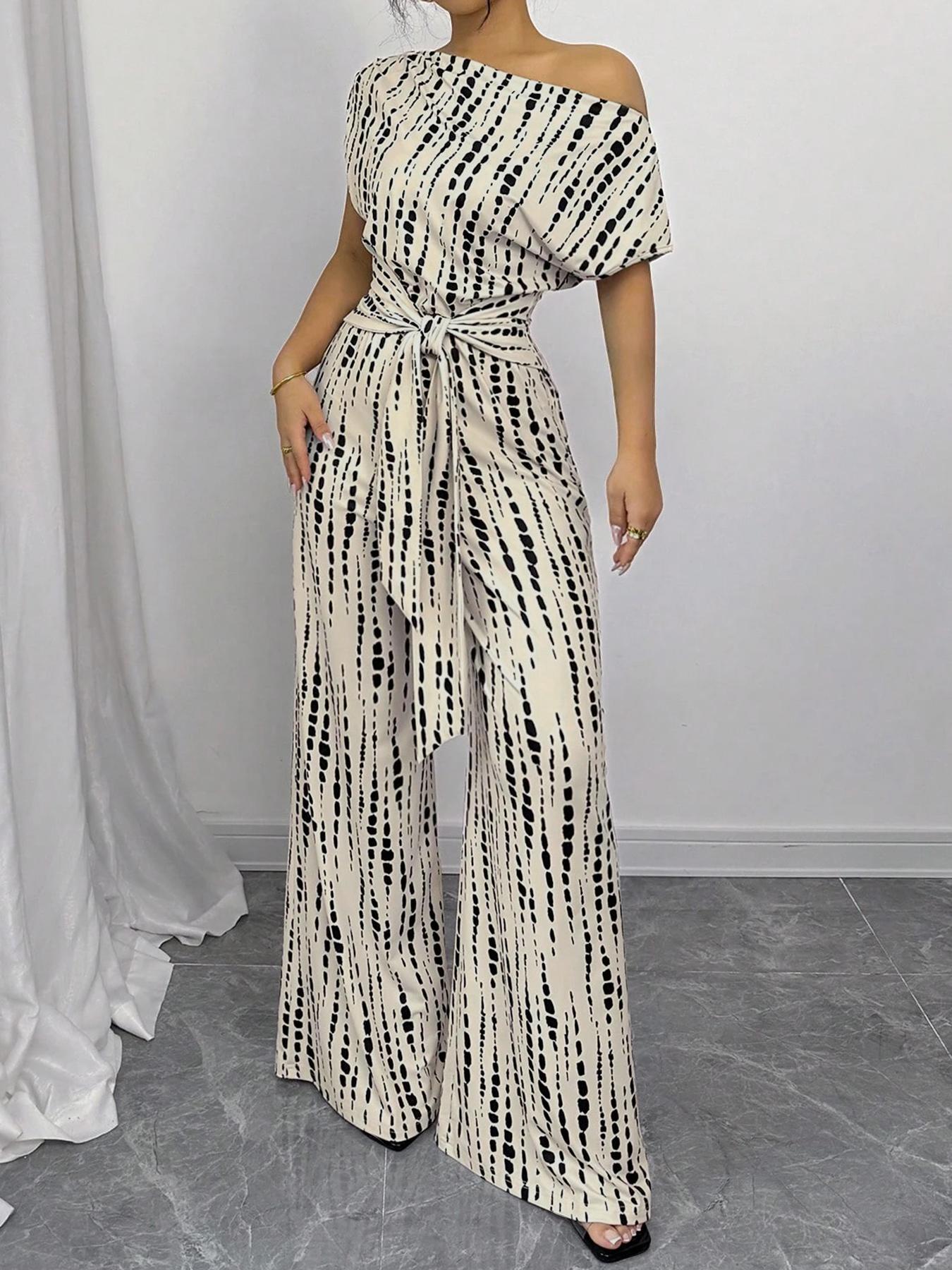 Women's All Over Print Tie Front Jumpsuit, Casual Asymmetrical Neck Jumpsuit for Spring & Fall, Women's Clothes for Daily Wear