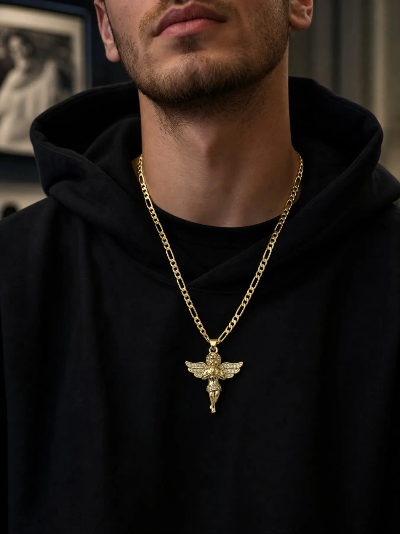 14k Street Fashion Jewelry, 3D Relief Angel Exquisite Trendy Pendant Necklace, Perfect for Parties or Daily Wear, Ideal Gift for Couples