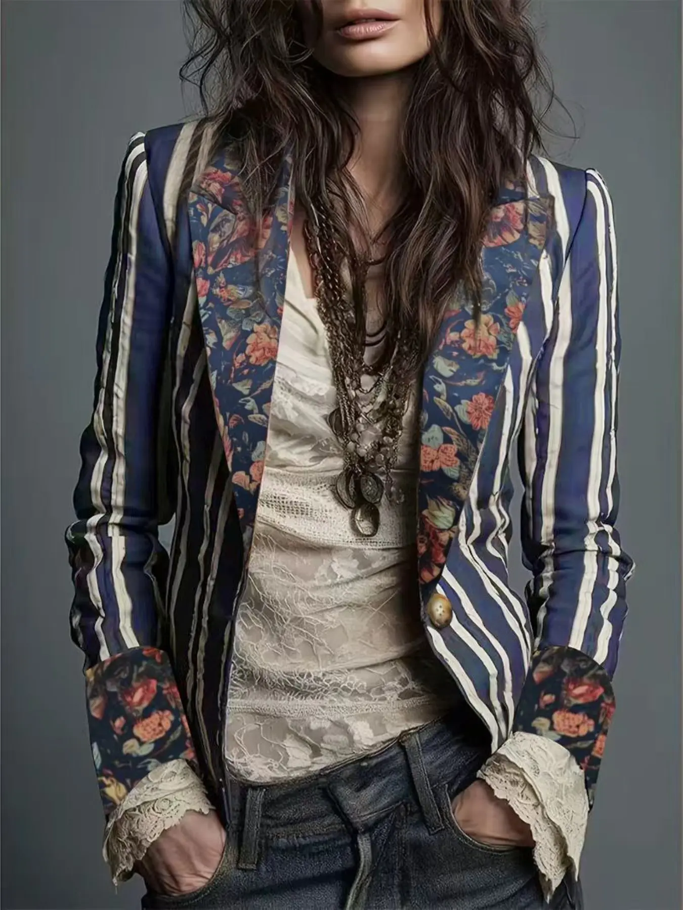 Colorblock Floral Striped Jacket, Relaxed Retro American Style, Bold Fashion Statement, Perfect for Trendy, Standout Piece