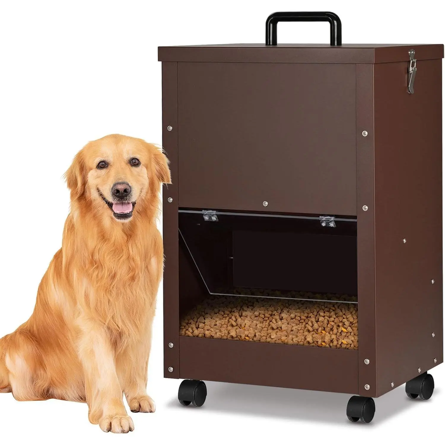 45Lbs Automatic  Feeder Large Breed, Easy to Move with Wheels | Large Capacity Outdoor Gravity  Feeder, Galvanized Metal Self Feeding   Dispenser with Clear Door