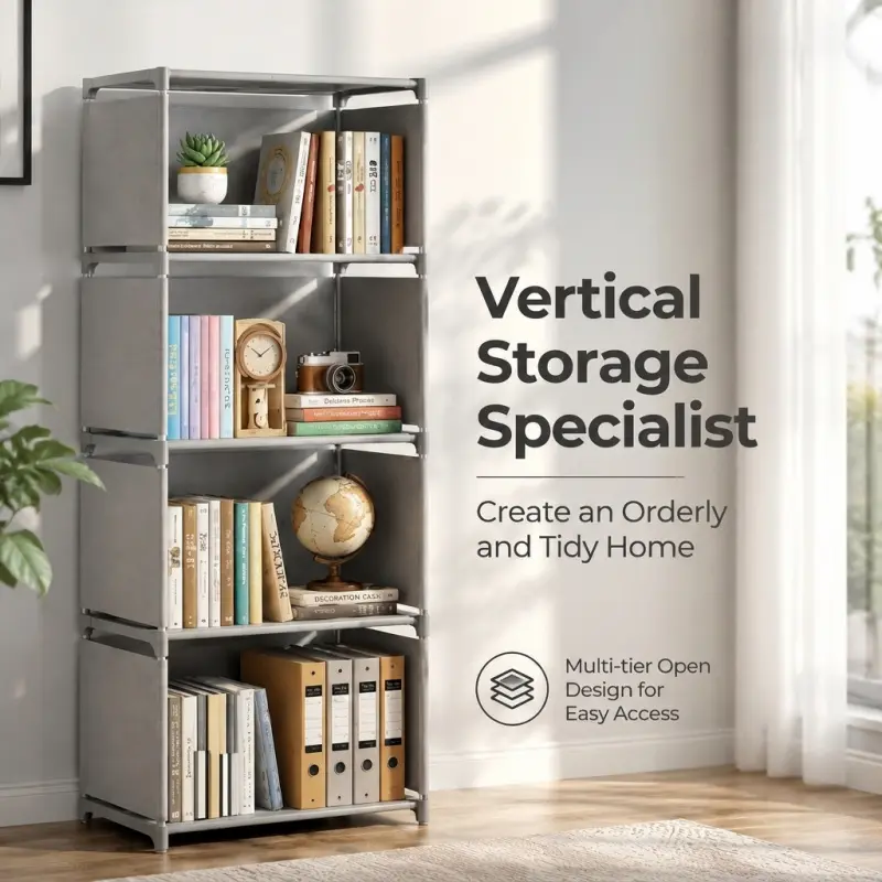 Four-Tier Vertical Fabric Bookshelf, Open Storage Design, Ideal for Small Apartments, Dorms, and Bedrooms, Space-Saving Furniture
