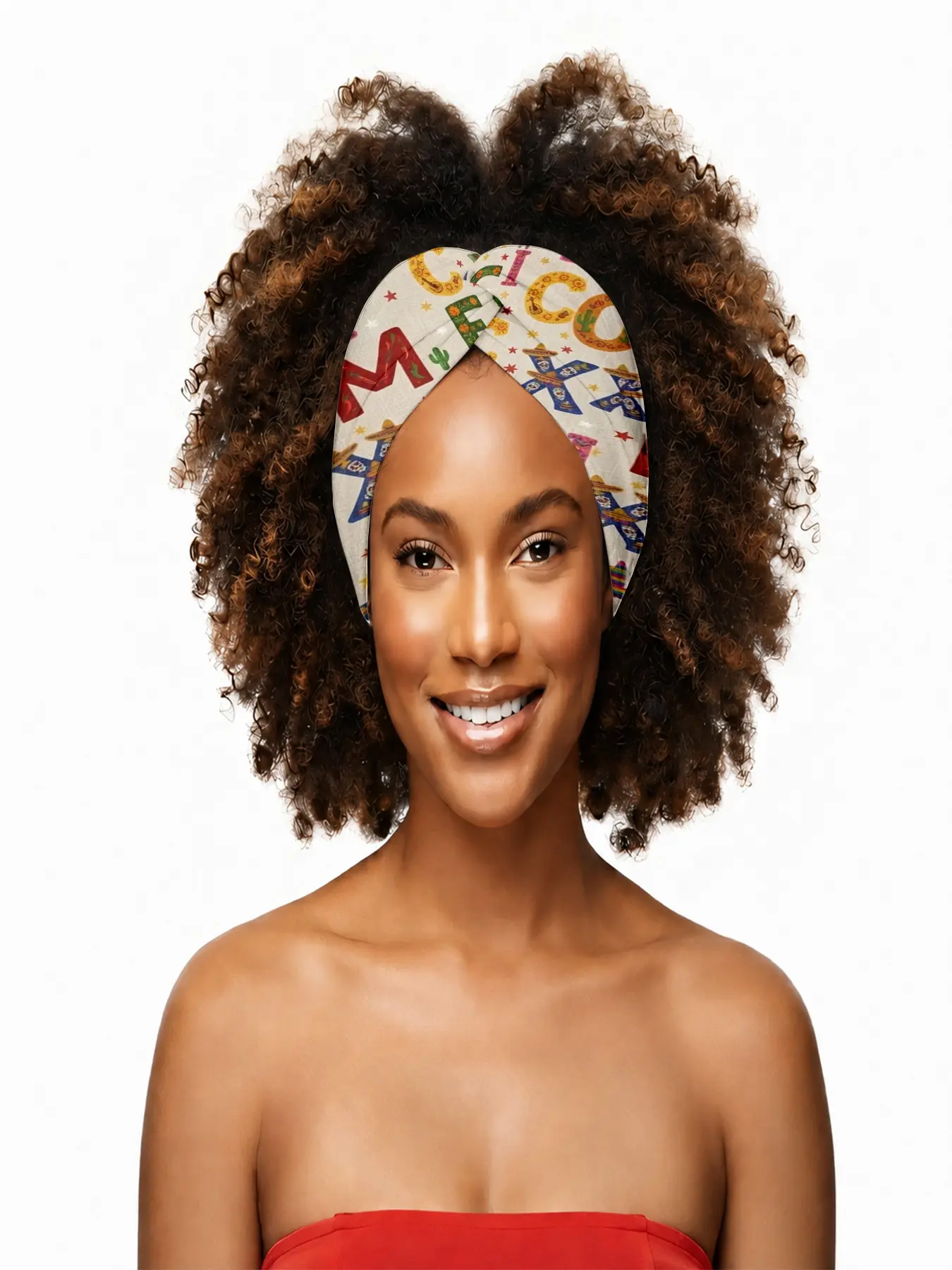 Headband for Women – Colorful Mexico Letters with Sombreros, Guitars, and Stars on Cream – Perfect for Fiesta Celebrations, Cultural Festivals, Day of the Dead, Travel Souvenirs & Vibrant Street Style