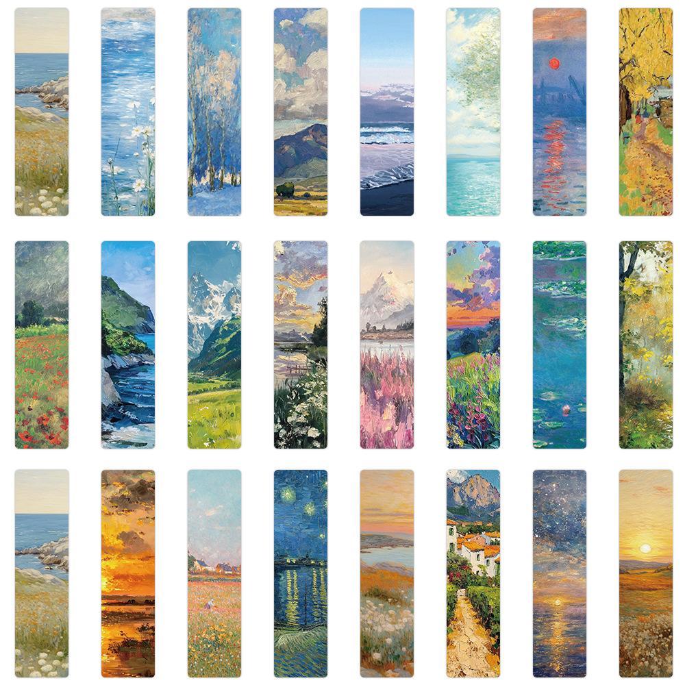 Oil Painting Landscape Pattern Bookmark, 24pcs/set Creative Paper Bookmark, Reading Bookmark for Home School Office Dormitory