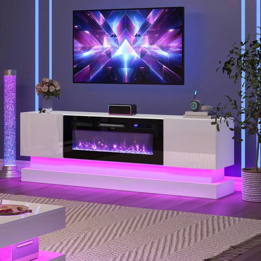 Modern Fireplace TV Stand With 36" Fireplace, And Storage Cabinet TVs Up To 80" - Glossy Design Living Room,White