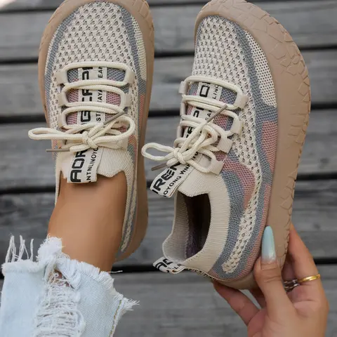 Colorblock Graffiti Print Lace-Up Women's Shoes, Breathable Mesh Thick Sole, Lightweight Anti-Slip Soft Bottom, Casual Summer Beach Commute, Everyday Wear Shoes
