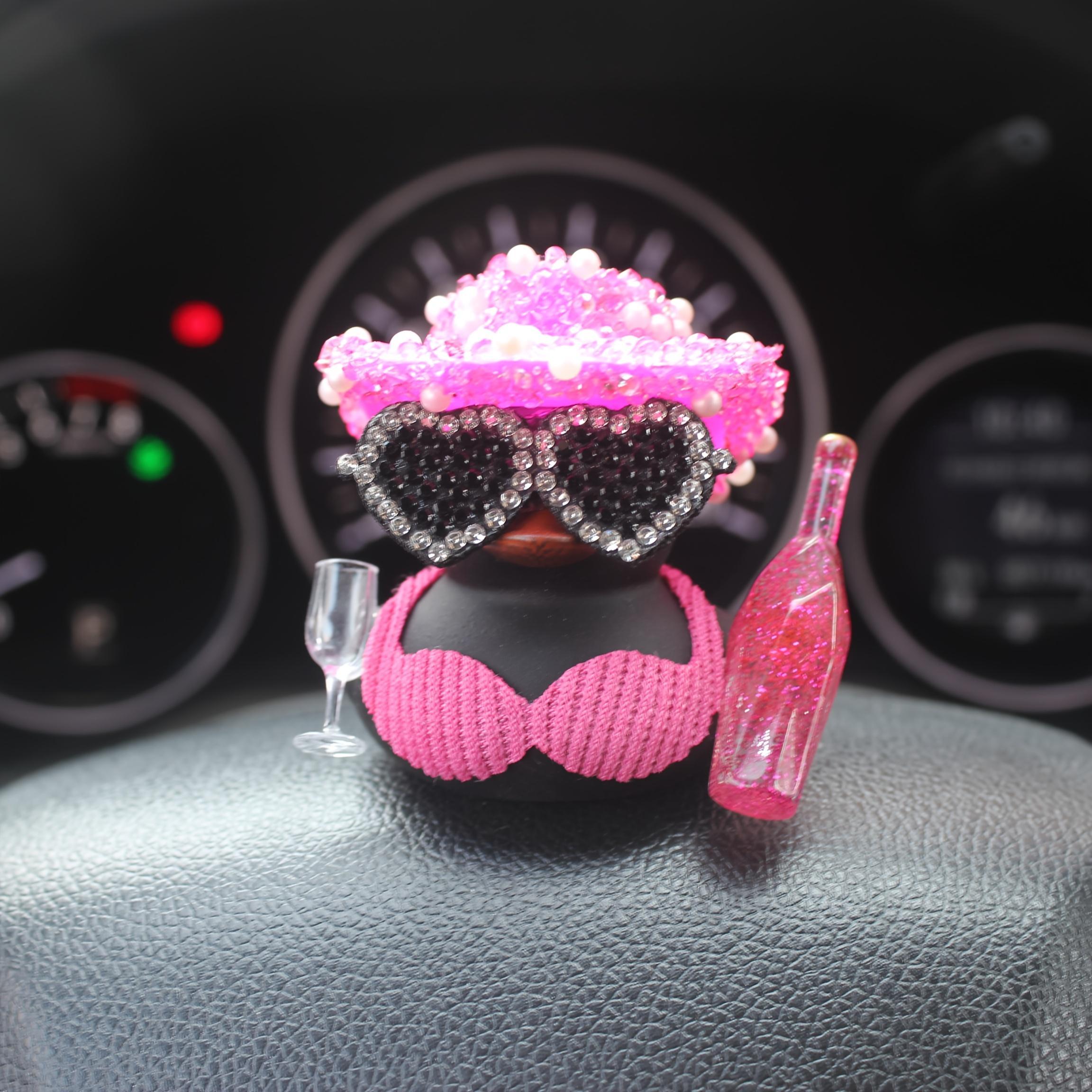 Cute Duck Car Dashboard Ornament Set, Black Duck with Pink Glitter Hat and Champagne Bottle Decor, Funny Car Interior Accessory for Dashboard, Motorcycle, Bicycle, Party Gift