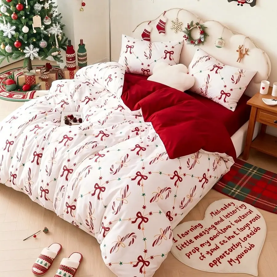 Bow Staff Candy Christmas Bedding Set, 3-Piece Reversible, Includes 1 Duvet Cover + 2 Pillowcases, French Elegance Style
