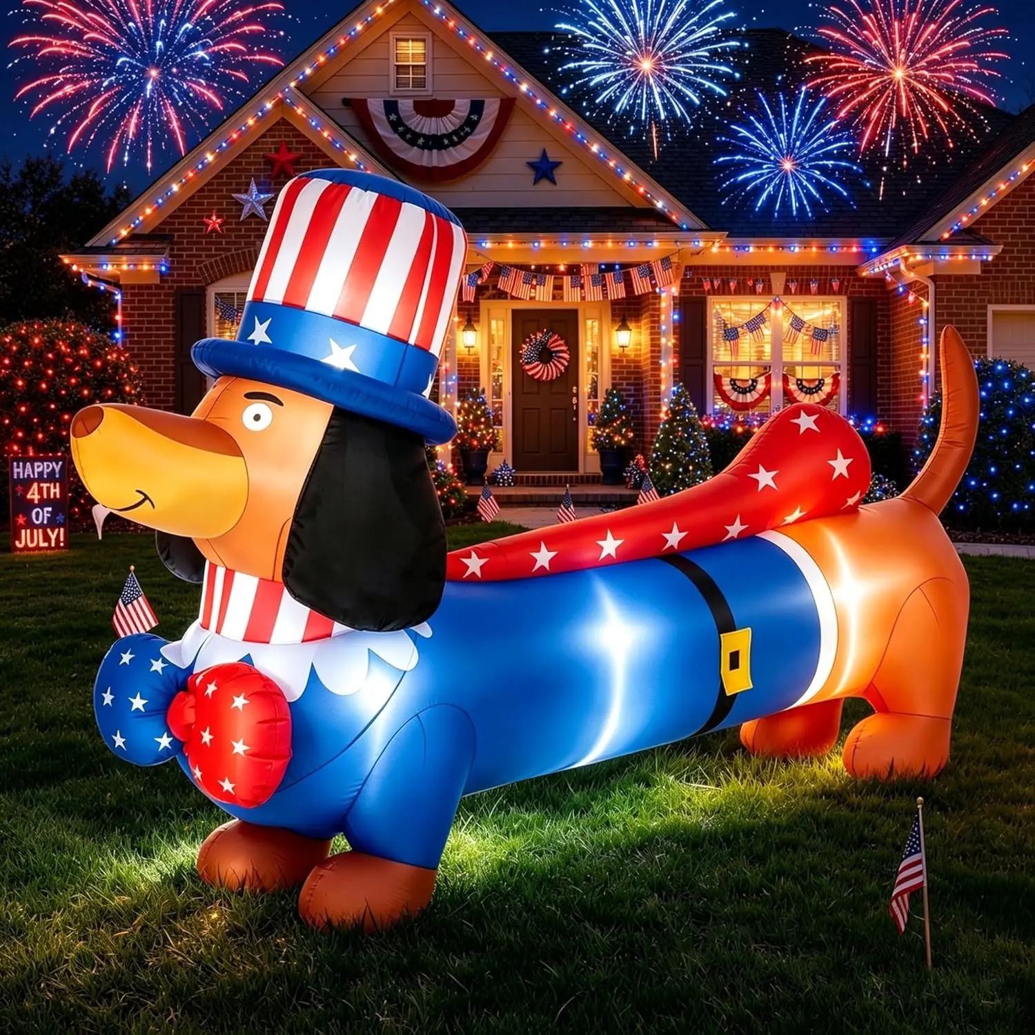 8 ft Long Classic Independence Day Cute Dachshund Silhouette Inflatable Yard Decor, Outdoor 210T Waterproof Polyester Blow-Up with Built-In LED Lights, Holiday Yard Ornament