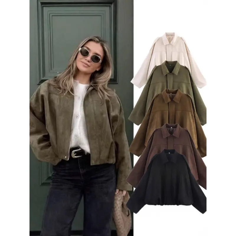 Women's Suede Bomber Jacket with Lapel Collar, Casual Loose Fit Long Sleeve Streetwear Outerwear, Coats, Full Sleeves, Solid Colors, Textured Suede, Tops