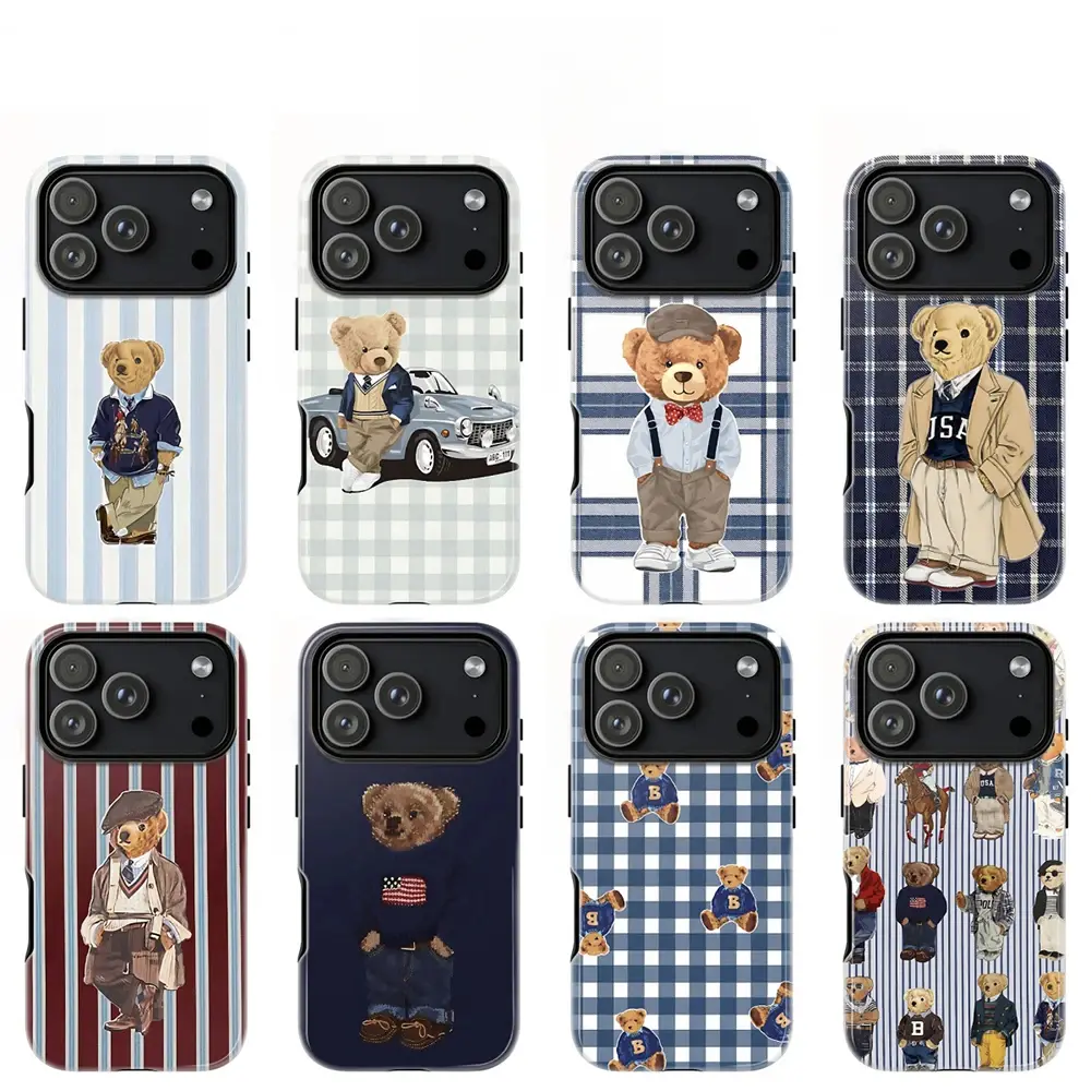 Creative Colorful Bear-Themed Glossy Luxury Double-Layer Back Cover Smartphone Casing - Handheld Cellphone Protection Case for iPhone 17 Pro Max, Air 16, 15, 14, 13, 12, 11 Pro Max Plus, Samsung Galaxy S26, S25, S24 Ultra, FE Devices