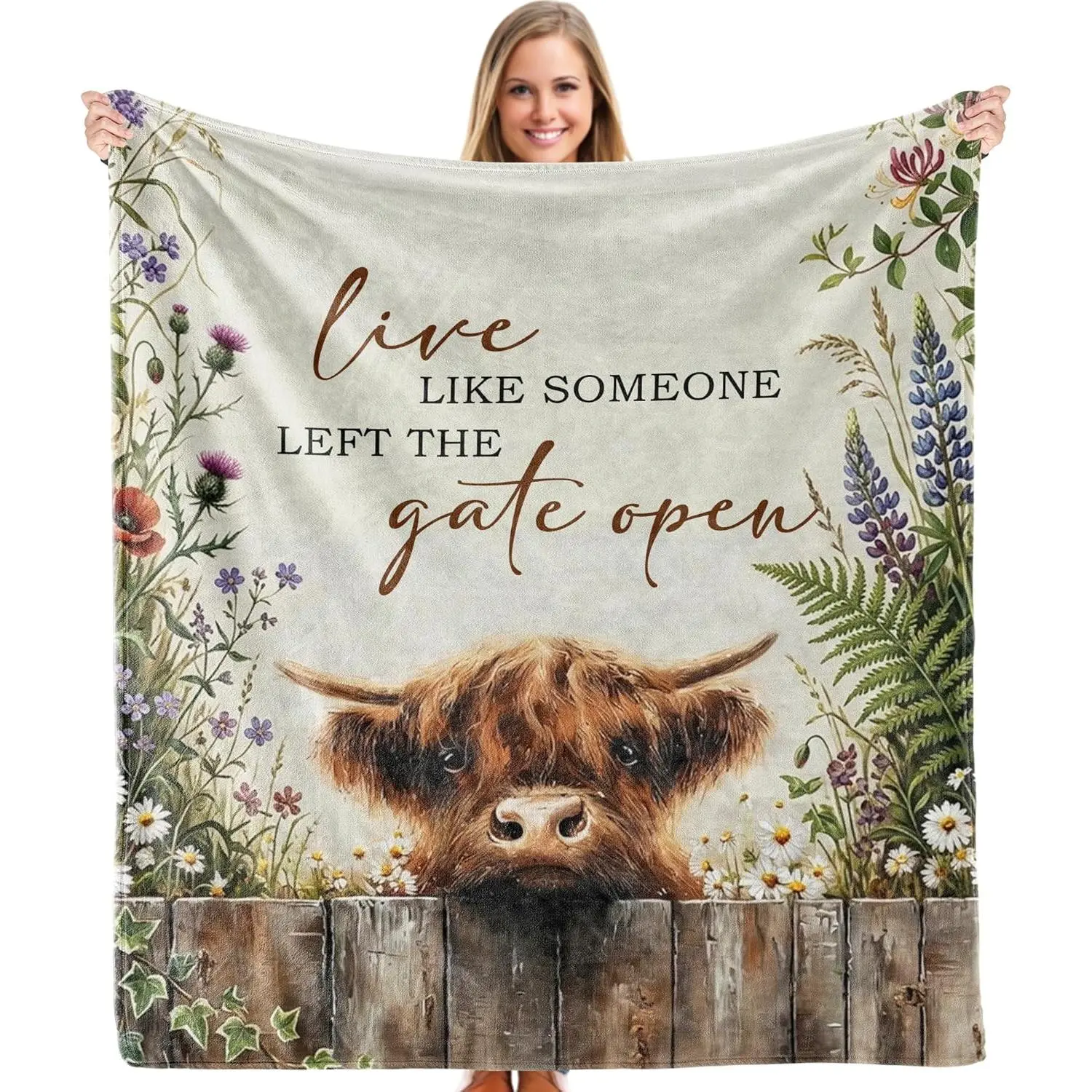 Soft, Wrinkle-Resistant, Shrinkage-Resistant Foldable Lightweight Highland Cow Floral Farmhouse Throw Blanket, 50x60 in, Women's Western Farmhouse Gifts for Couch Bedroom
