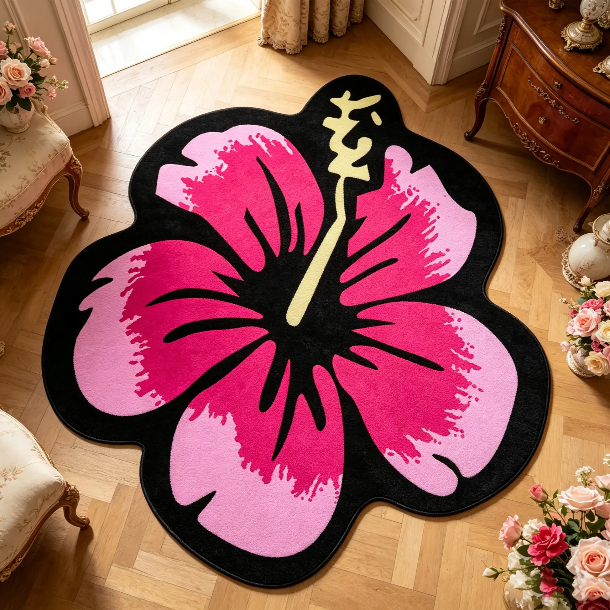 American Retro Gradient Hibiscus Machine Washable Rug, Soft Comfortable Anti-Slip Washable Mat, Ideal for Living Room, Bedroom, Bathroom, Kitchen, Hallway