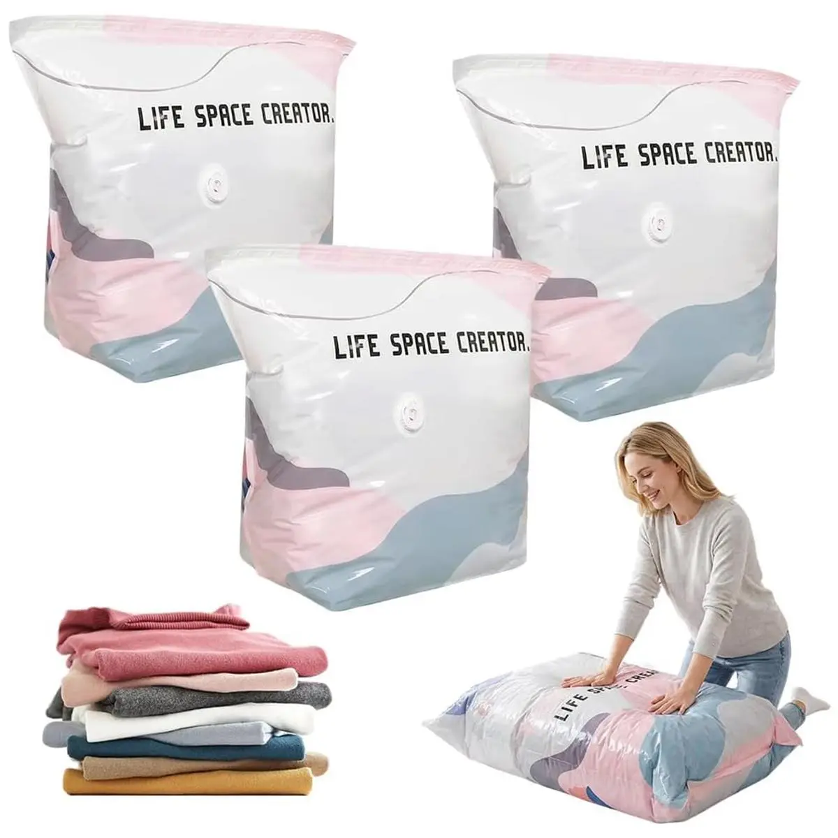 Vacuum Storage Bags – 2026 New 3D Cube Compression Space Saver, 3-Pack 50×70cm, Press-to-Exhaust No Tools, PA+PE Thickened, Save 80% Space for Clothes Comforters Blankets, Home Travel Must-Have