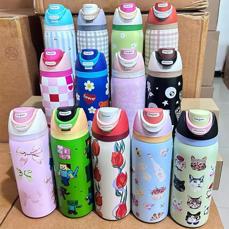 Fashionable portable fruit cup, dual-use sports water bottle with handle, pop-up cup, 304 stainless steel insulated cup, large-capacity ice drink cup Aesthetic 304 Steel Insulated Tumbler, Lock & Straw, Cute Cat Print Leakproof Travel Cup.