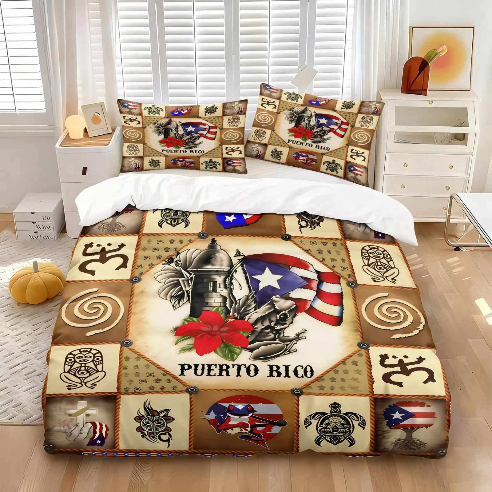 Puerto Rico Taino Symbols Duvet Cover Set, Include 1 Comforter Cover and 1/2 Pillowcases, Retro Patchwork Morro Castle Coqui Frog Hibiscus Puerto Rico Flag Print Quilt Cover, Indigenous Culture Turtle Spiral Symbol Decor Bedding, Soft Skin-friendly