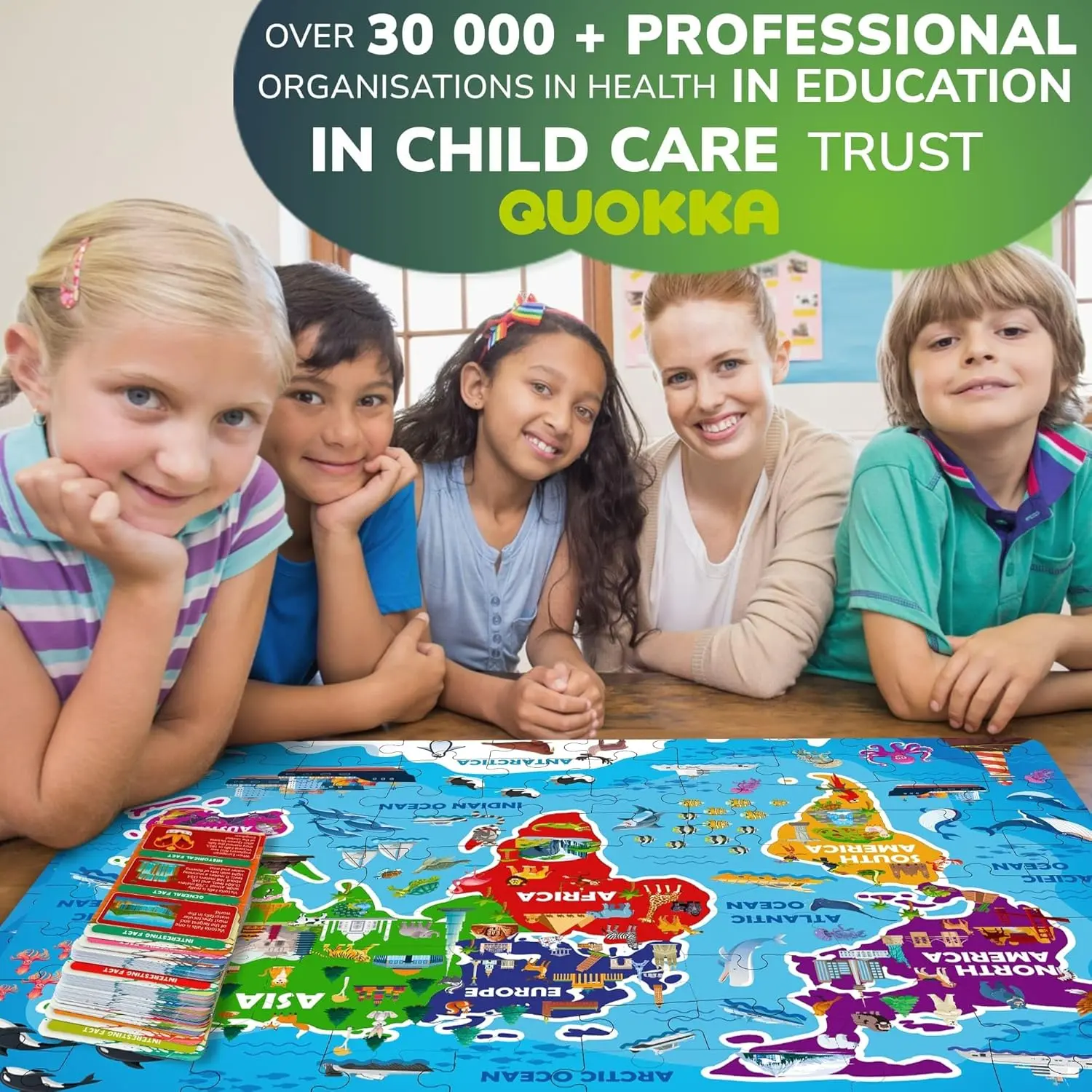 Continent-Shaped World Map Jigsaw Puzzle for Kids Ages 4-10 - 70-Piece Floor Puzzle, 50 Cards with 400+ Fun Facts, Educational Toy Gift for Boys & Girls