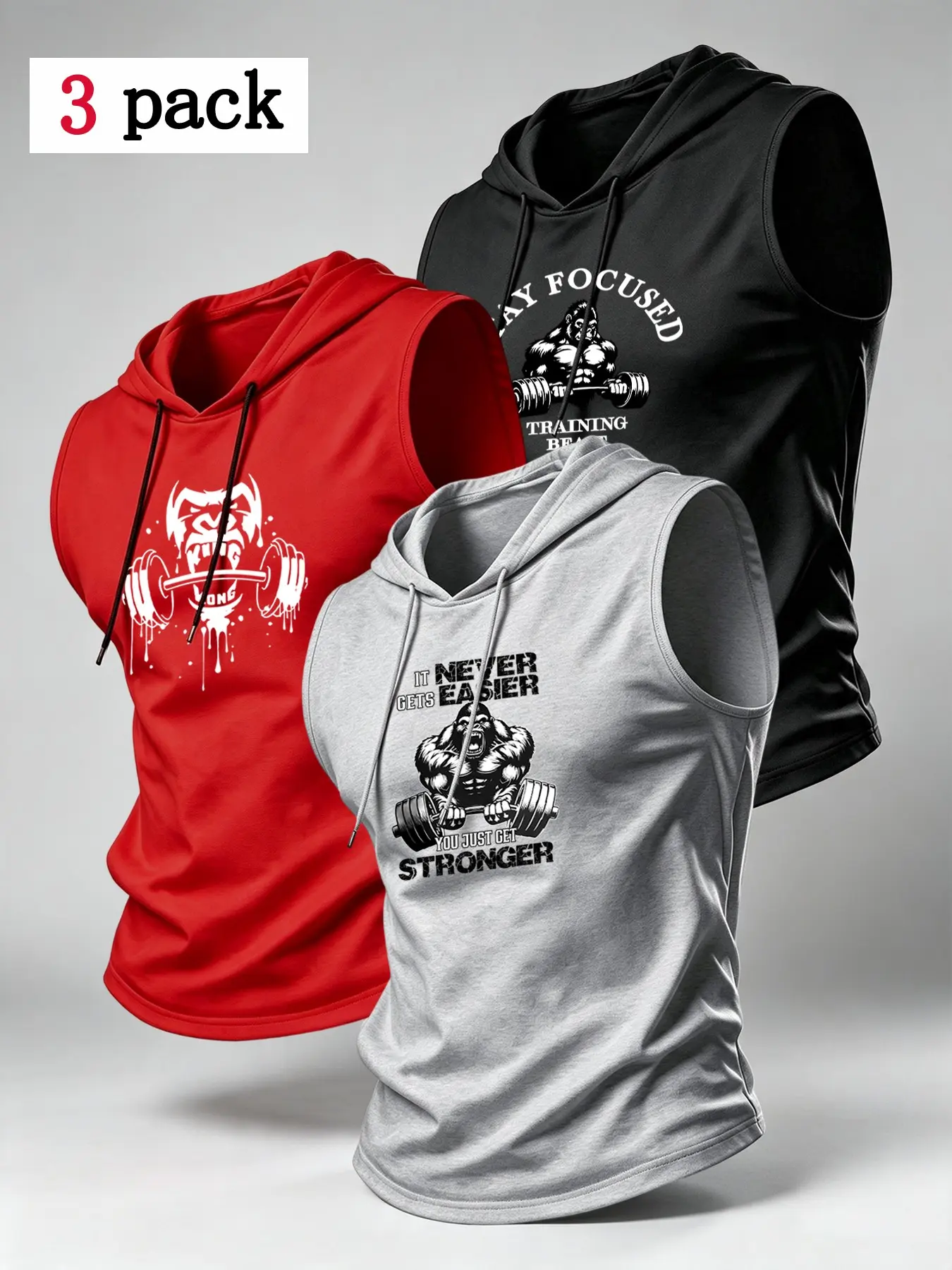 Men's Summer 3-Piece Sleeveless Hooded Workout Tank Top, Sleeveless Gym Tops, Gorilla Print, Ideal for Gym Training, Running, Streetwear
