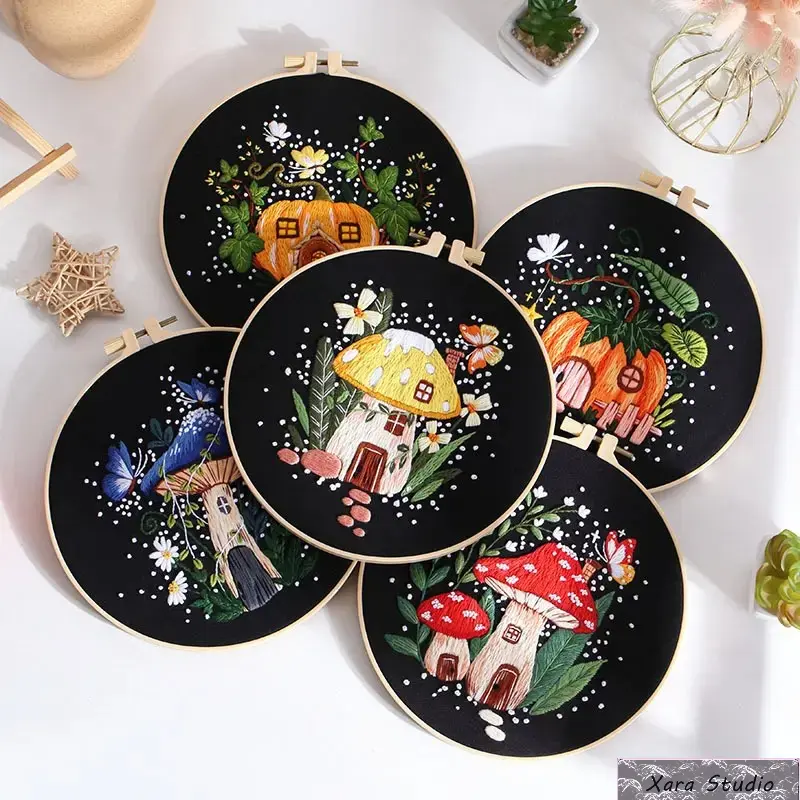 Floral Embroidery Kit for Beginners, Cottage Style Nature Craft Set with Mushroom & Pumpkin Pattern, Includes Hoop and Tools, Thoughtful Gift for DIY Home Decor, Cross Stitch