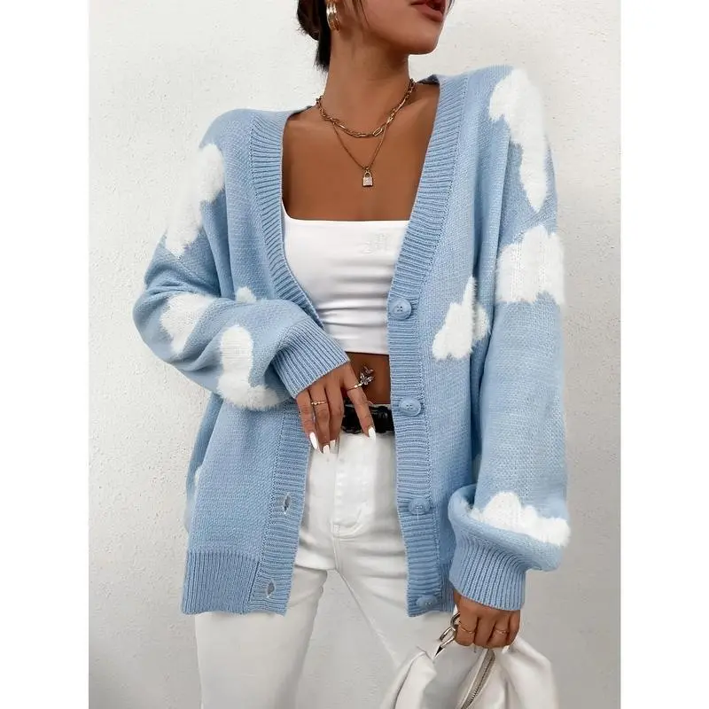 Drop Shoulder Cloud Pattern Knit Cardigan Women Casual Comfort Knitwear Tops Light Blue