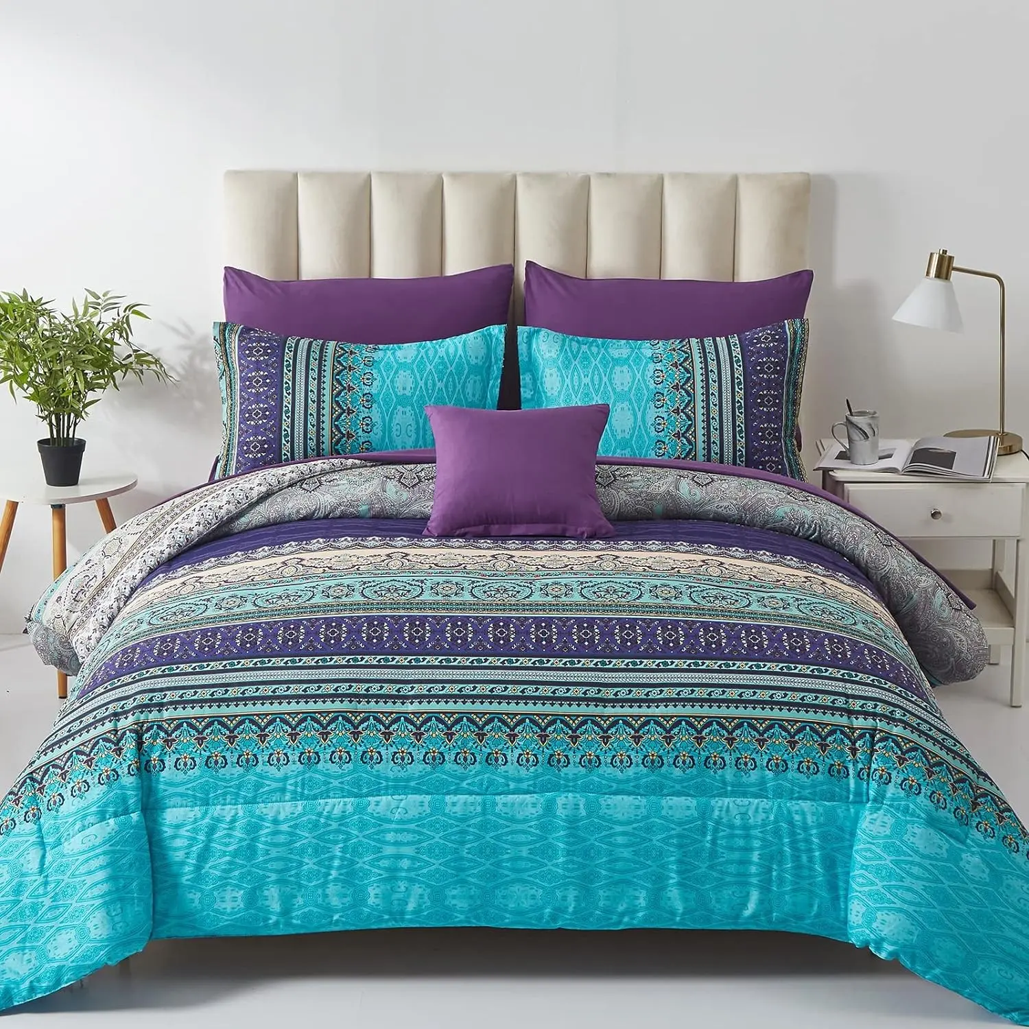 Boho Comforter Set Queen Size 8 Piece Bed in a Bag Bohemian Striped Bedding Quilt Set, Aqua Paisley Floral Comforter and Sheet Set, Soft Microfiber Complete Bedding Sets for All Season