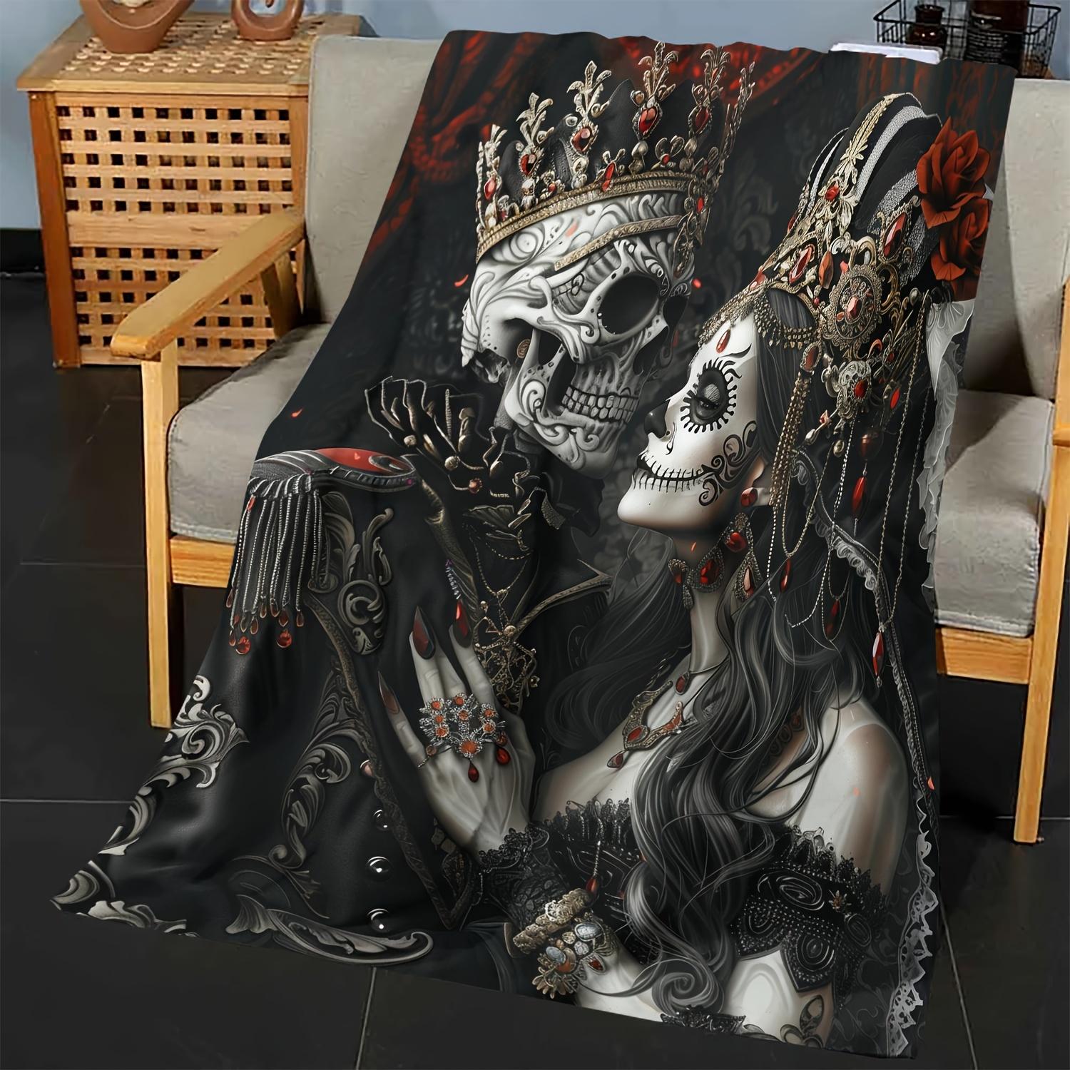 1pc Husband Gifts Blanket For Wife Skull Couple Printed Soft Blanket Flannel Blanket Warm Skin-friendly Office Nap Throw Blanket, Sofa Bed Blanket For Halloween