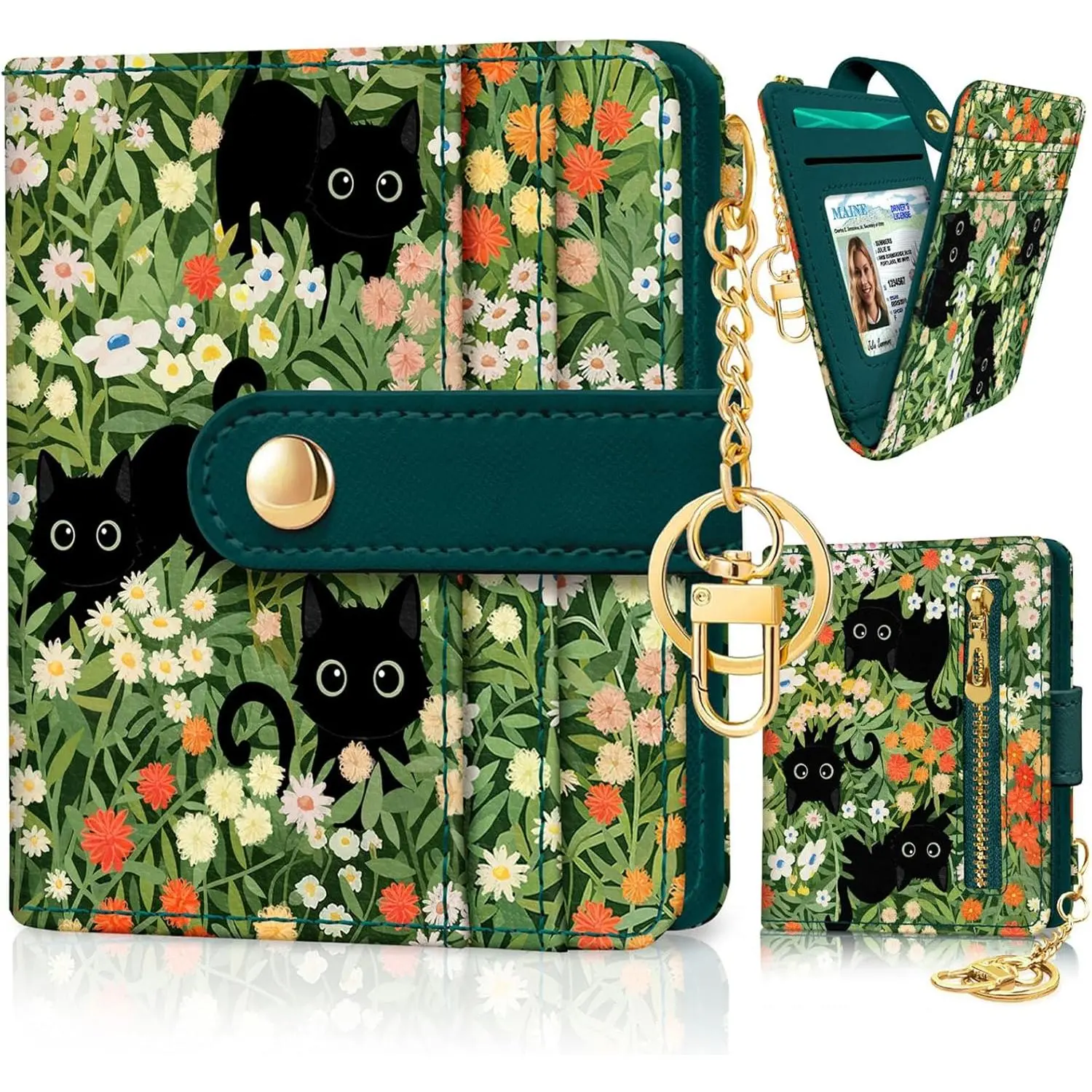 Women's PU Leather Bifold Wallet - Slim, Compact Fit, Everyday Use, Graphic Look, RFID Protected Organizer with ID Window, Coin Pocket, Coin Slot, Pink Cow Print Cat Design, Bifold Shape