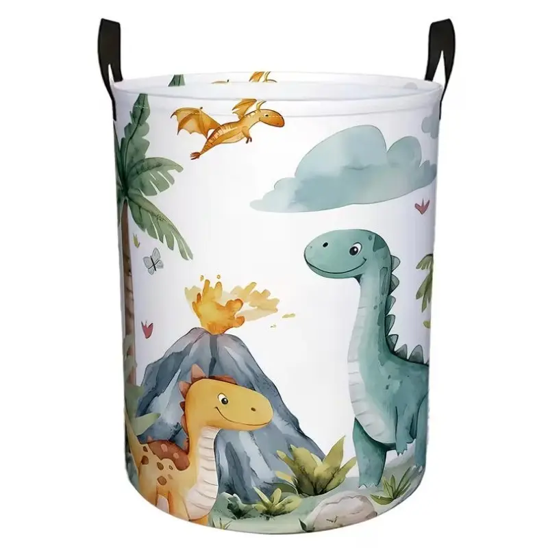 1pc, Dinosaur-pattern Foldable Storage Basket, Large-capacity Round Storage Basket with Handle, Suitable for Laundry Room, Drying Room, Toy Storage Basket, Dirty Clothes Storage, Laundry Baskets, Dirty Clothes Hamper