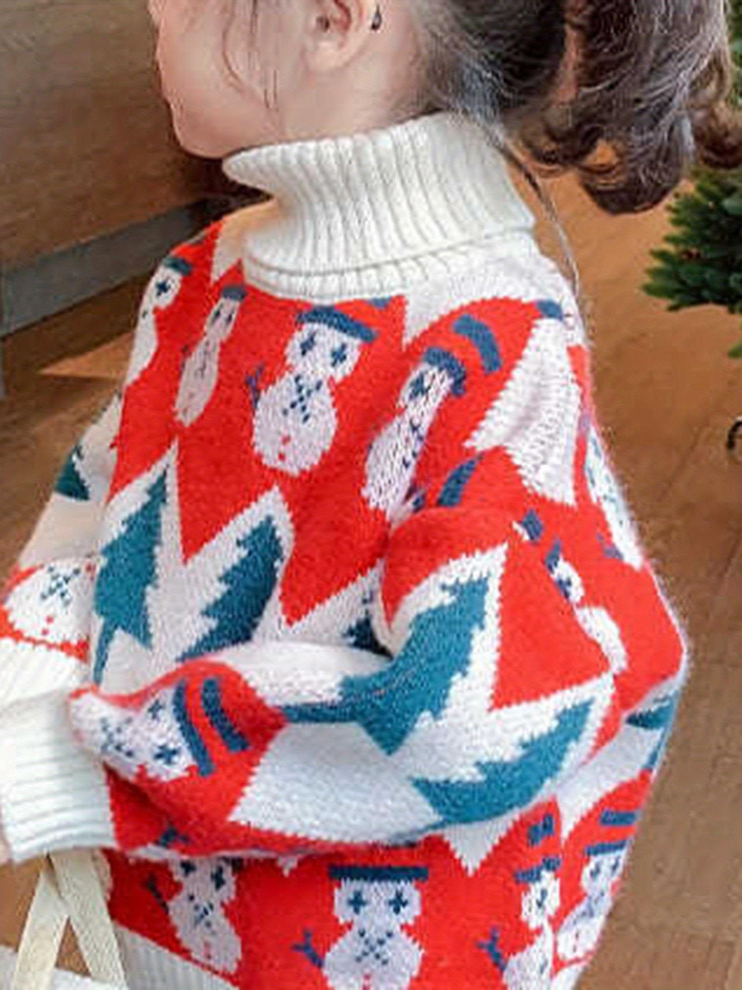 Girls' Red White & Blue Christmas Sweater - Cozy Turtleneck Pullover with Snowman & Tree Pattern, Batwing Sleeves, Loose Fit Winter Outfits for Holiday Parties & Casual Attire (Hand Washable)