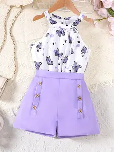 New two-piece set girls: halter + double-breasted shorts set. Girls' clothing, suitable vacations, school, and outings. Girls' red outfit. Summer outfit. Girls' floral print two-piece set