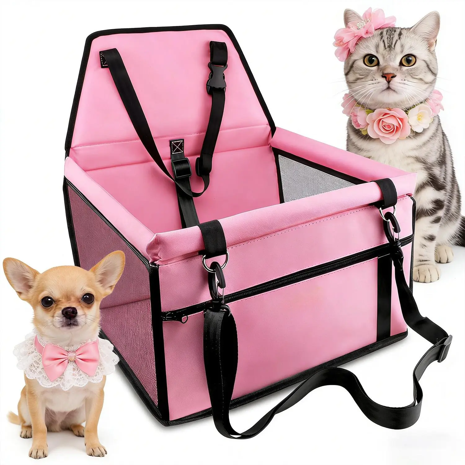 Pink Reinforced Pet Car Booster Seat for Dogs, Travel Carrier with Seat Belt, Clip Leash, PVC Tube for Safety Stable Transportation, Portable Breathable Design, Bag Seat