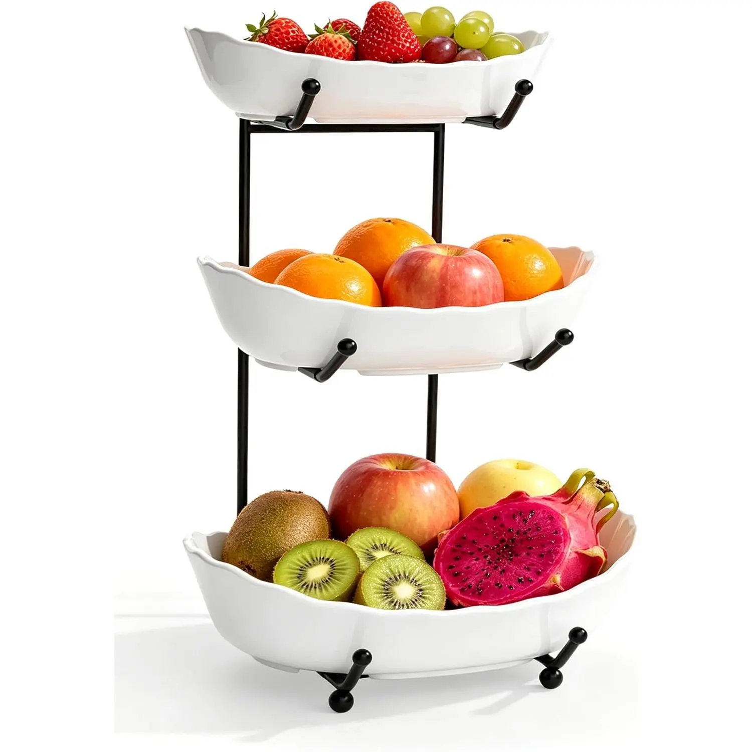Ceramic Fruit Bowl for Kitchen Counter - 3 Tier Modern Fruit Basket Fruit Rack with Metal Stand, Tiered Fruit Stand for Snacks, Candy, Bread (Black)