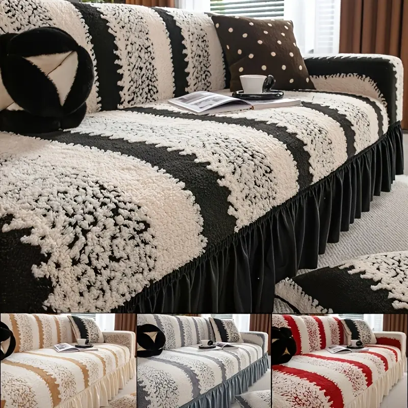 1 PC Light Luxury Shu Velveteen Sofa Cover Lace Floral Skirt Hem Couch Slipcover Aesthetic Garden Style Living Room Decoration Home Decoration Slip-Resistant Wear-Resistant 1 To 4 Seater Sofa Suitable Pet Friendly Sofa Covers Washable Machine Washable