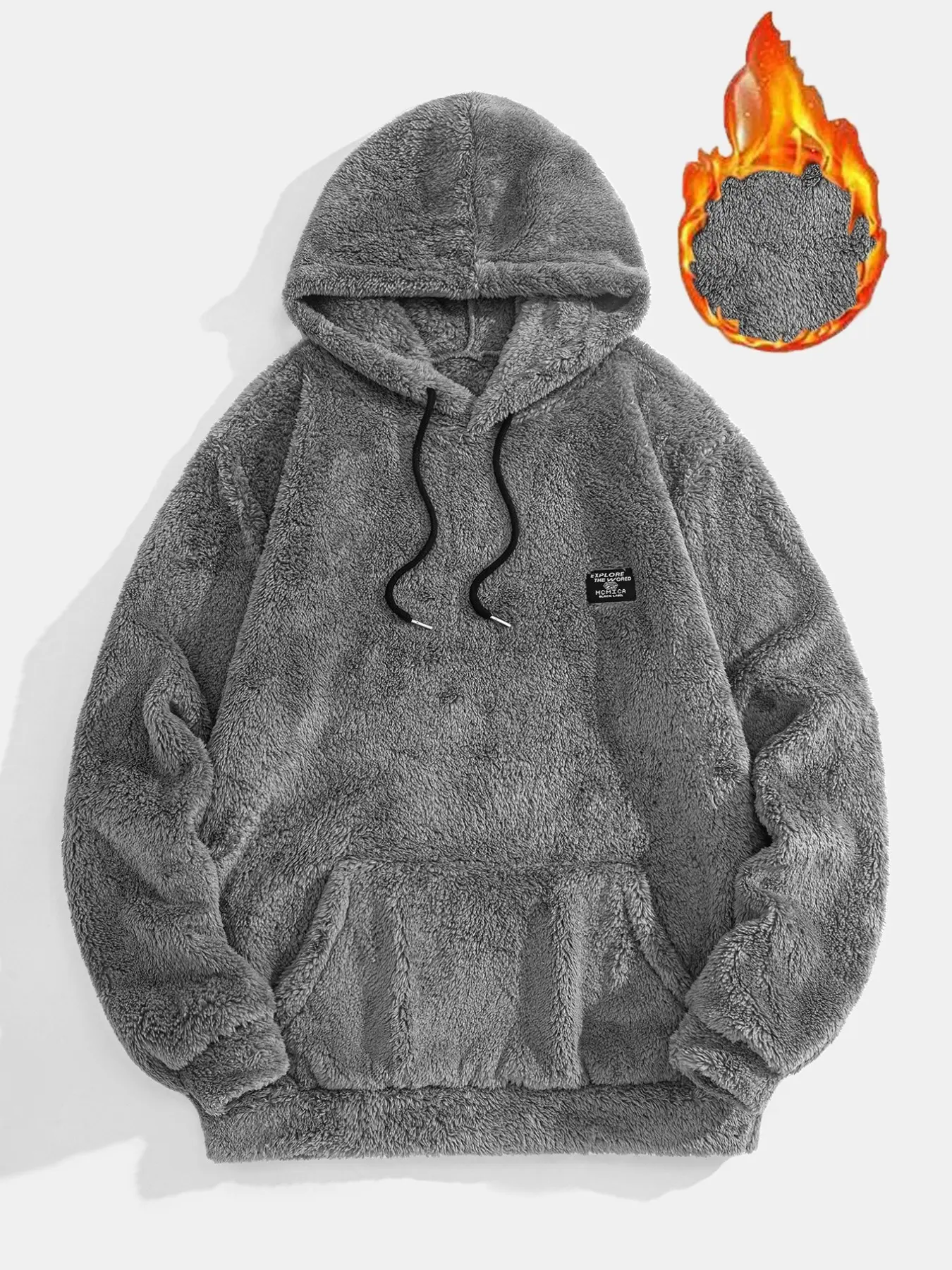 Men's Solid Thick Fluffy Fleece Hoodie, Simple Tag Accent Drawstring Pullover, Cozy Warm Sweatshirt for Lounge, Walking, Street, Sleep, Casual Daily