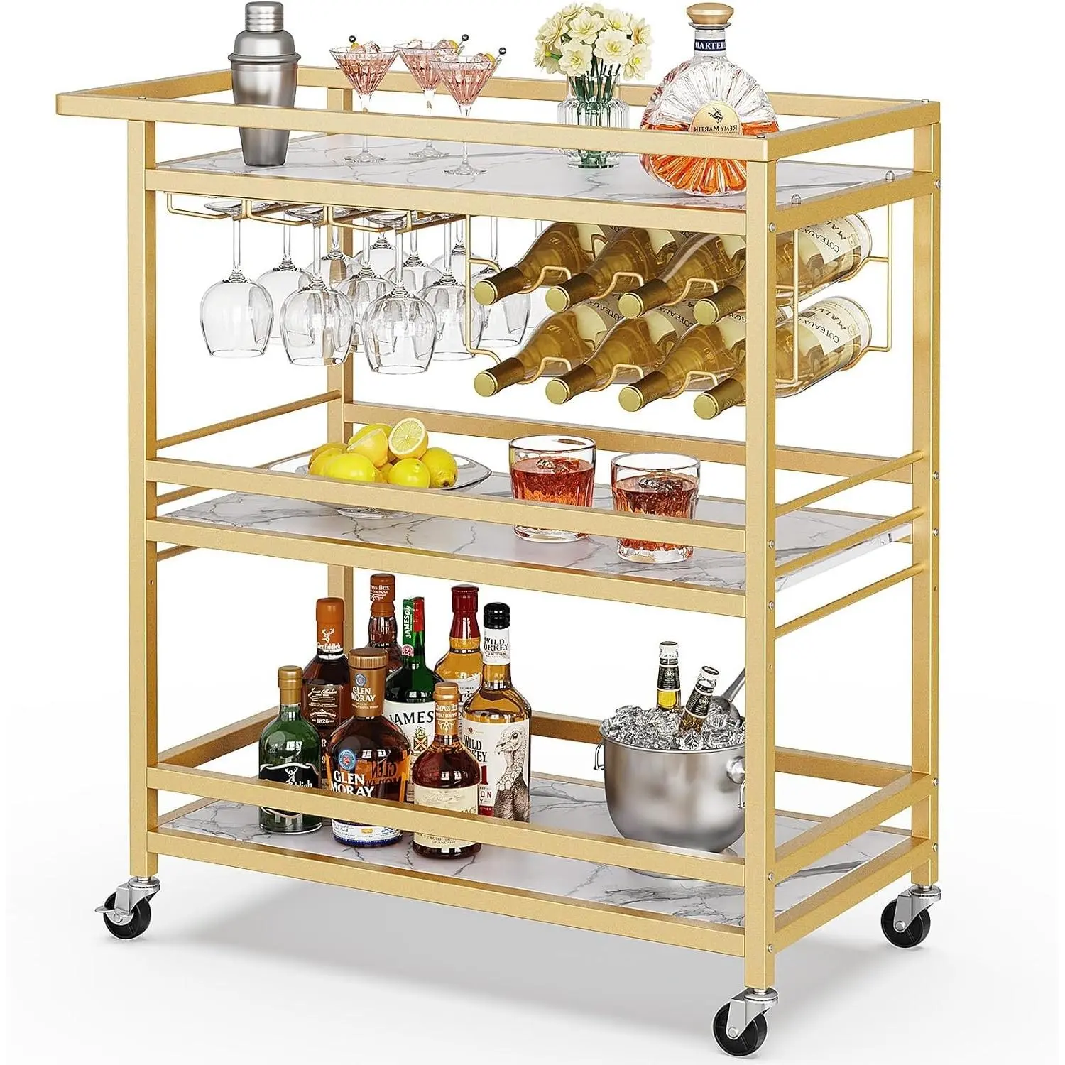 Bar Cart for Home, 3 Tier Gold Serving Rolling Carts with Wheels, Drink Cart, Liquor Stand with Marbled Wooden Shelves, Wine Rack and Glass Holder for Kitchen, Dining Room