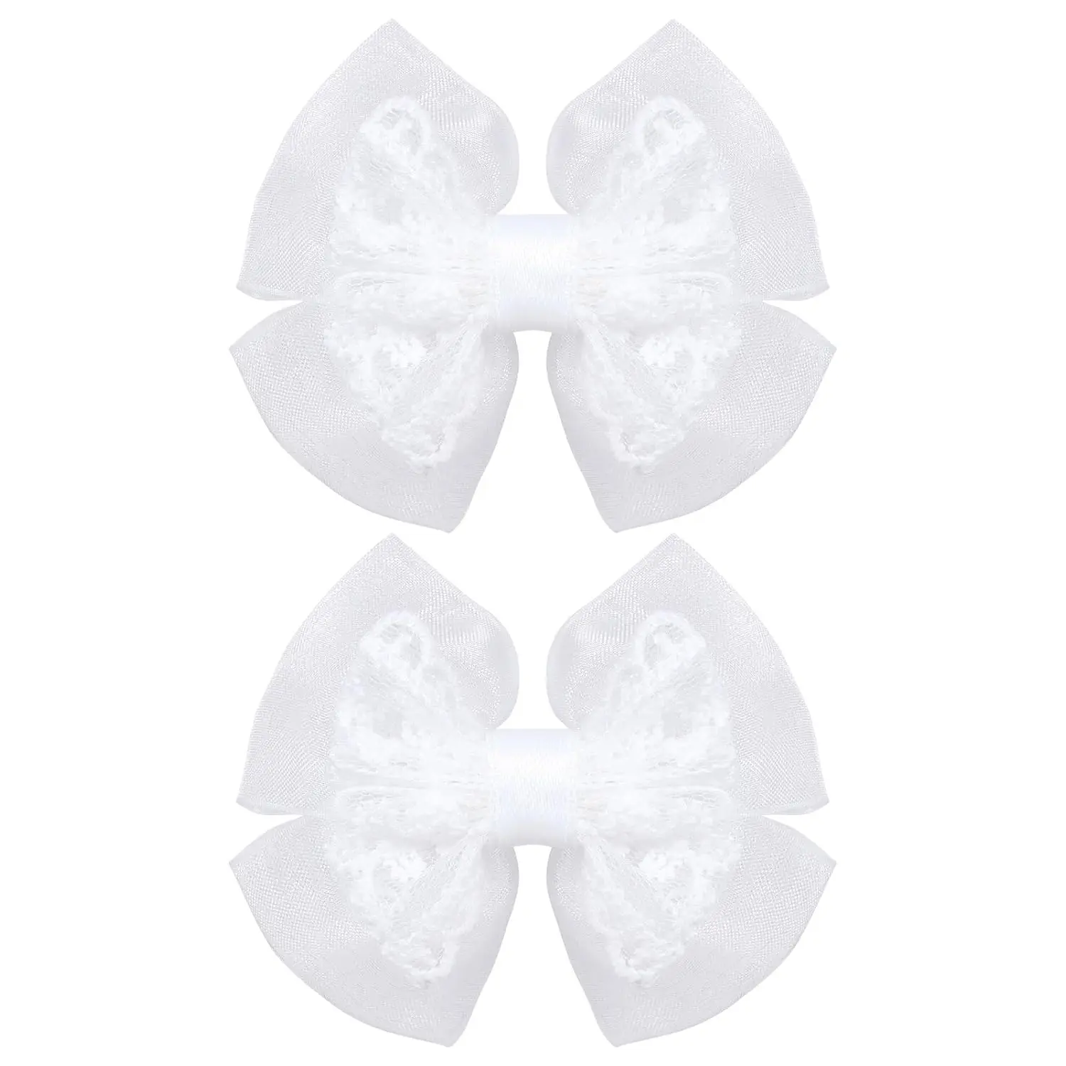 3" White Lace Hair Bow Clips Mesh Ribbon Fabric Bowknot  Barrettes Pins for Flower Girl  Teens  Wedding 1st Communion Pageant Party Gown Dress Decor Accessory