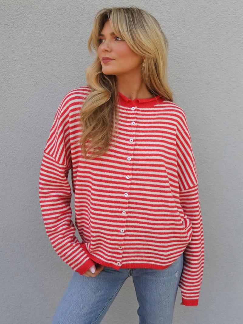 Women's Striped Casual Long Sleeve Loose Knit Sweater, Lightweight Fall & Winter Fashion, Button Front Open Front Design Women's Striped Casual Long Sleeve Loose Knit Sweater, Lightweight Fall & Winter Fashion, Button Front Open Front Design