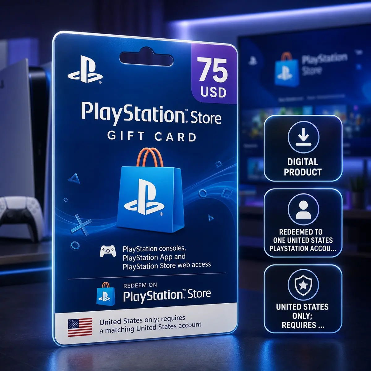 PlayStation Store Gift Card 75 USD Digital Code — United States, Gift Card, PlayStation consoles, PlayStation App and PlayStation Store web access, PlayStation Store, United States
