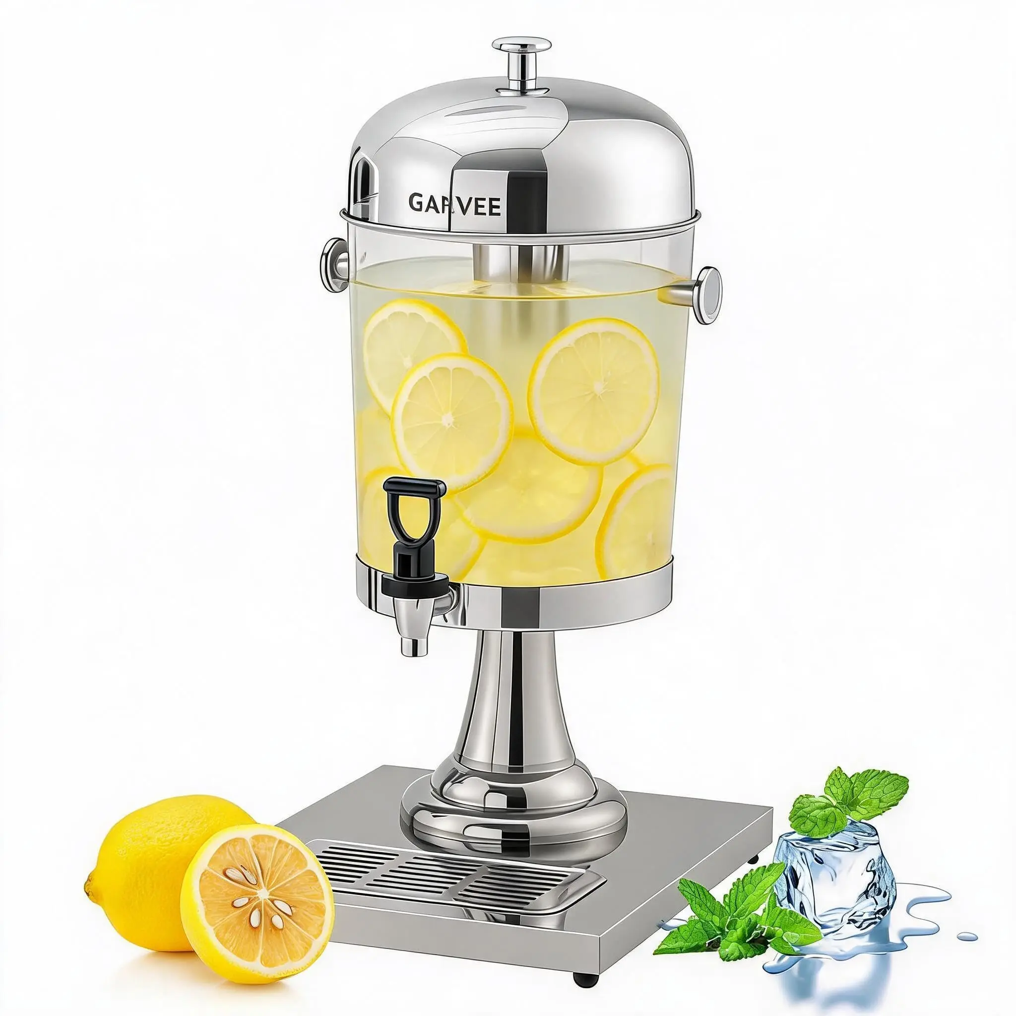 GARVEE 2.2 Gallon Commercial Stainless Steel Beverage Dispenser with Ice Core, Stand & Spigot for Serving Cold Juice, Iced Tea, and Lemonade at Parties and Weddings