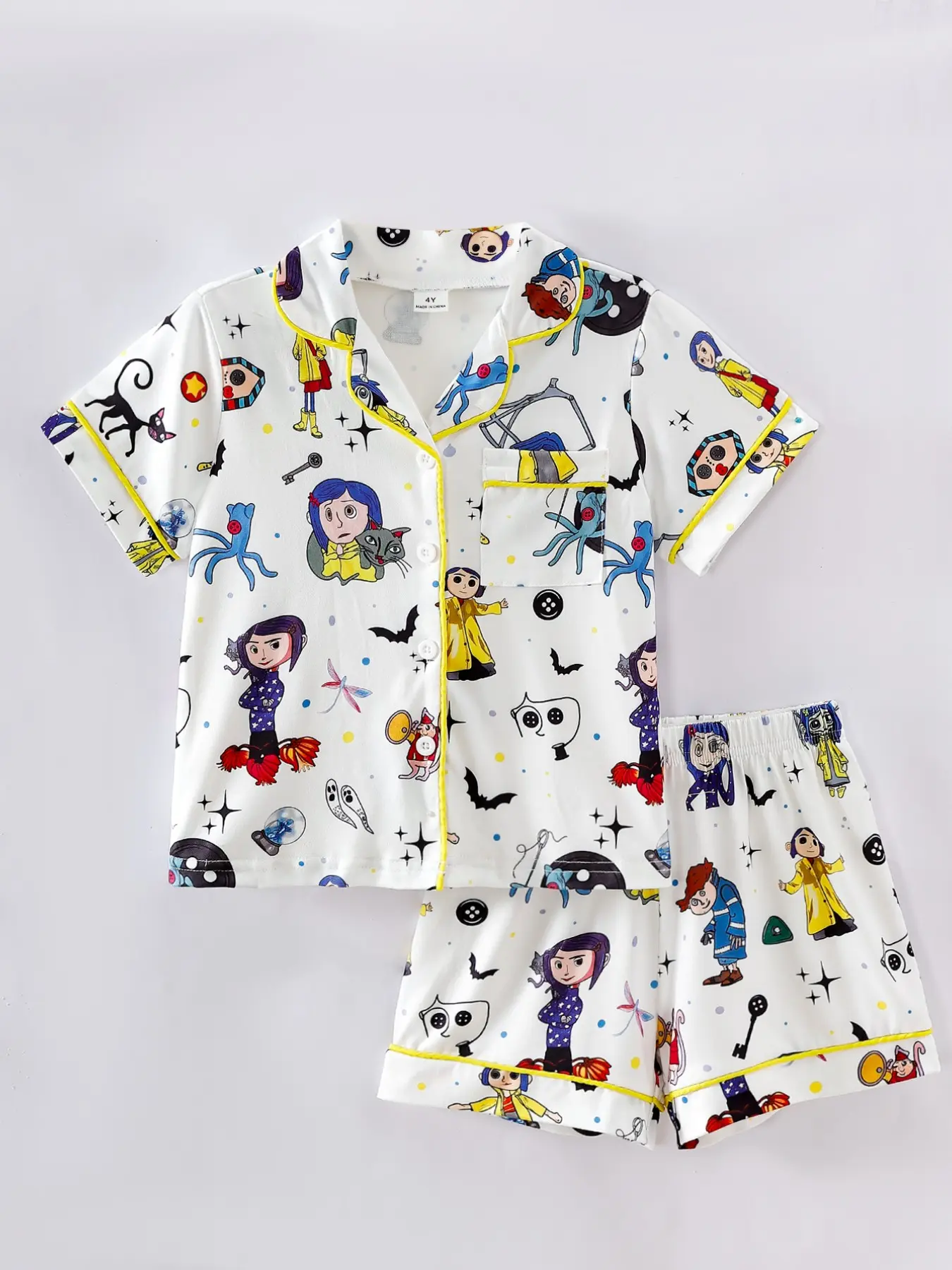 Halloween Girls' Fantasy Adventure Cartoon Print Pajama Set, Short Sleeve Open Front Two-Piece Pajamas, Gothic Style Sleepwear