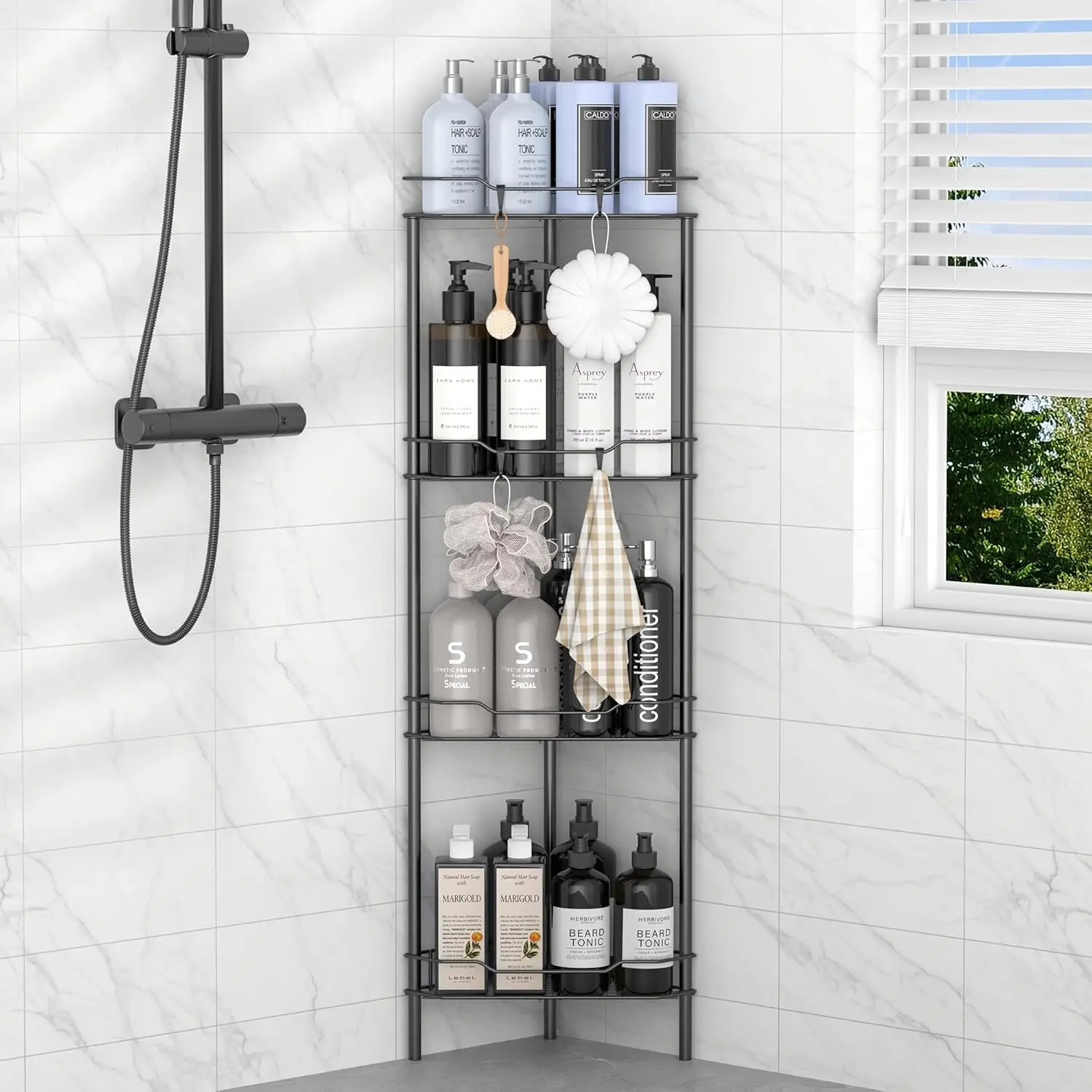 4 Tier Floor Standing Corner Shower Caddy Organizer with Hooks, Black Bathroom Storage Shelf Stand Rack