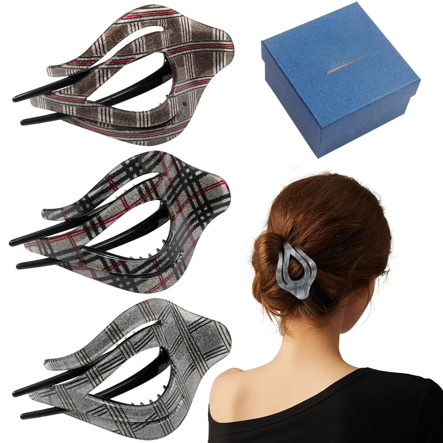 3 count  Concord Hair Clips - Curved Claws with  Hold No Slip Grip for Thick or Thin Hair (Multicolor B)