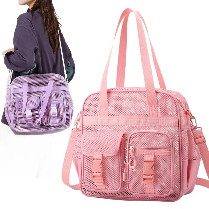 Premium Quick-Drain Pink Mesh Tote Bag, Multi-Pocket Large Capacity Hollow Out Design, Lightweight Breathable Storage Organizer for Beach Gym