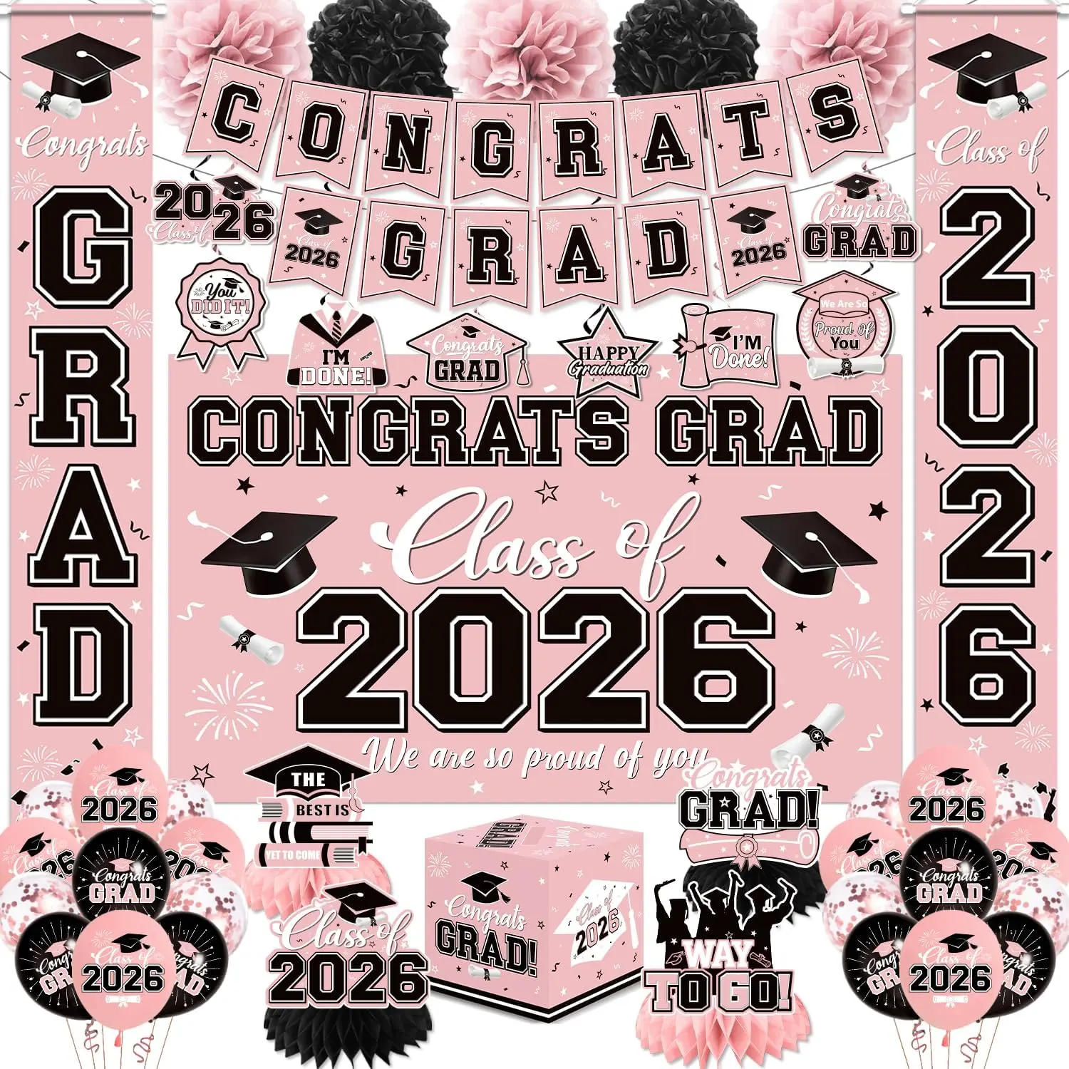 Women's 2026 Graduation Decor Kit, Pink Party Supplies Set with Congrats Grad Banner, Class of 2026 Backdrop, Balloons, Box, Streamers for High School Celebrations, Door Photo Setup