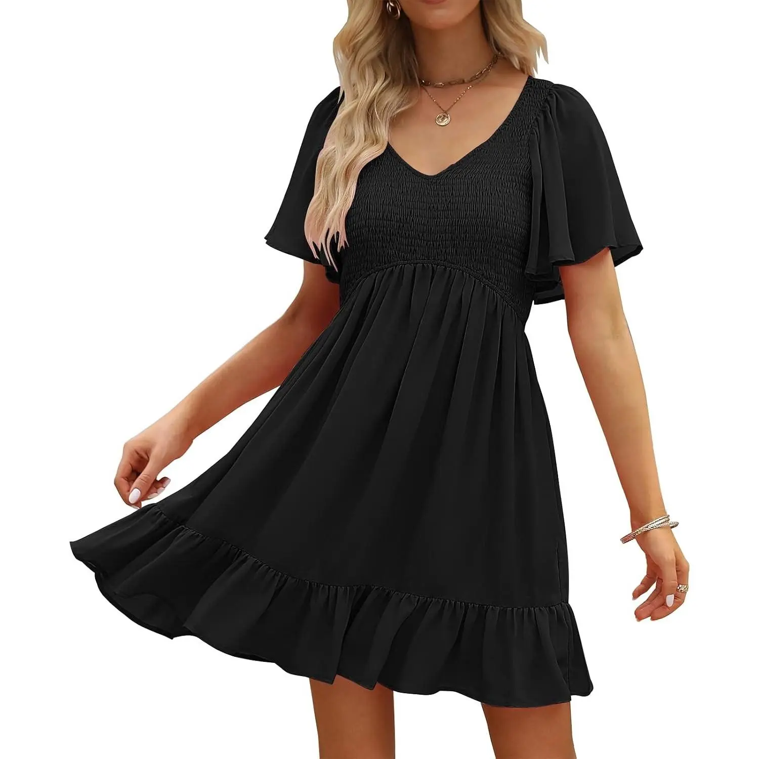 Women's Flowy Casual Mini Dresses 2026 Summer Graduation Smocked V Neck Vacation Dress with Pockets
